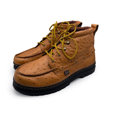 Pair of brown leather boots with yellow laces on a white background